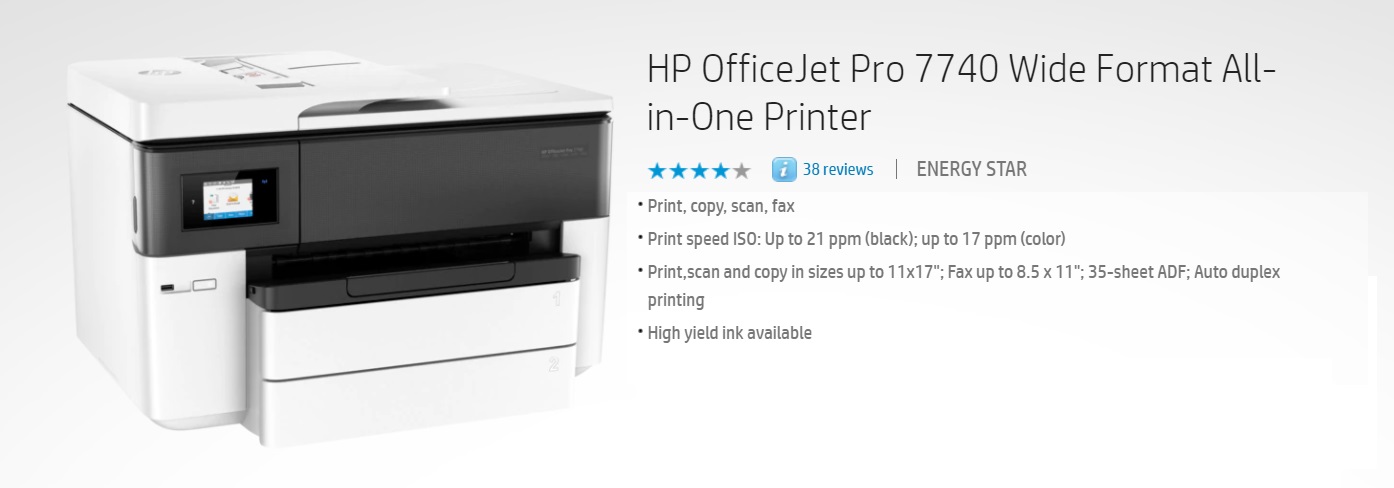 HP OfficeJet Pro 7740, A4/A3 Color Print, A4/A3 Color Scan, Copy